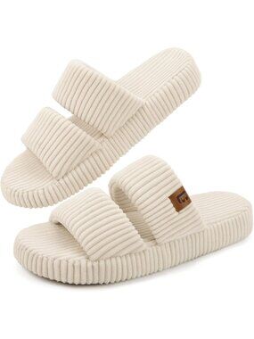 〽️Women's Beige Open Toe Flat Slippers Dual Strap Slide Comfortable House Shoes